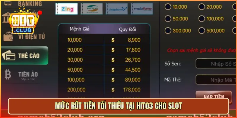 Mức rút tiền tối thiểu tại hit03 cho slot