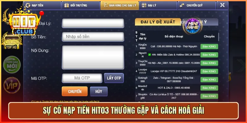 Sự cố nạp tiền hit03 thường gặp và cách hoá giải