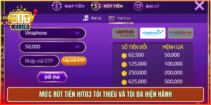 Mức rút tiền hit03 tối thiểu và tối đa hiện hành
